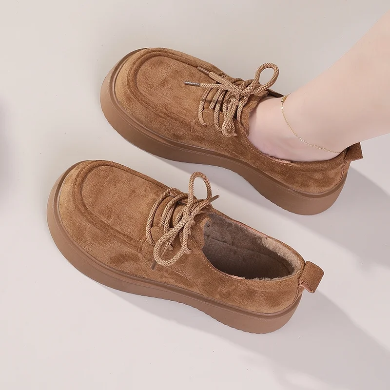2026 Vintage Versatile Lace-up Fleecce-lined Moccasins Woman Commute Outdoor Winter Loafers Chunky Sole Faux Suede Sneakers