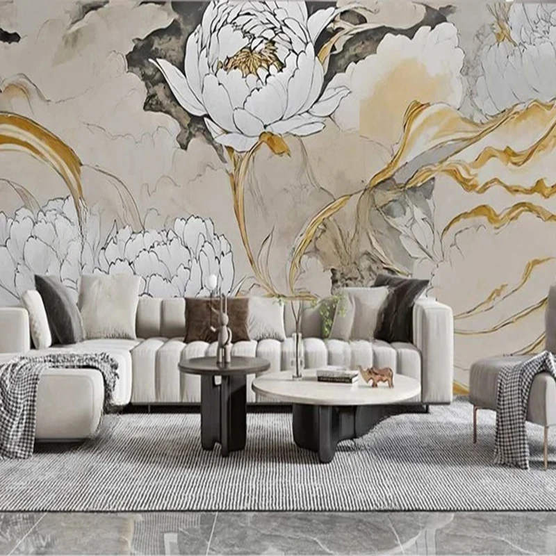 New Chinese Style Peony texture-effect Mural WallpaperHand-Painted Ink Design for Elegant Living Room Study TV sofa Wall Décor