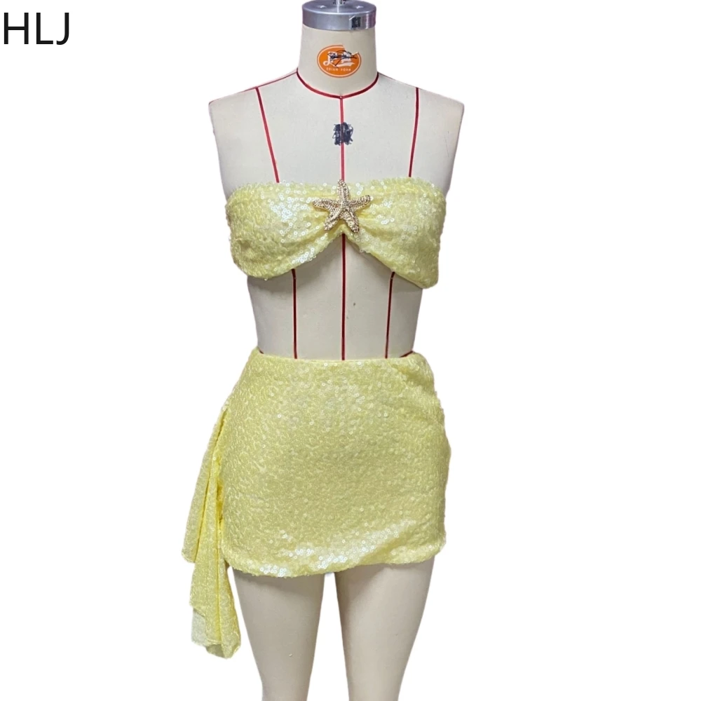 HLJ Summer New Holiday Sequin Mini Skirts Two Piece Sets Women Off Shoulder Slim Crop Top And Skirts Outfits Fashion Beachwear