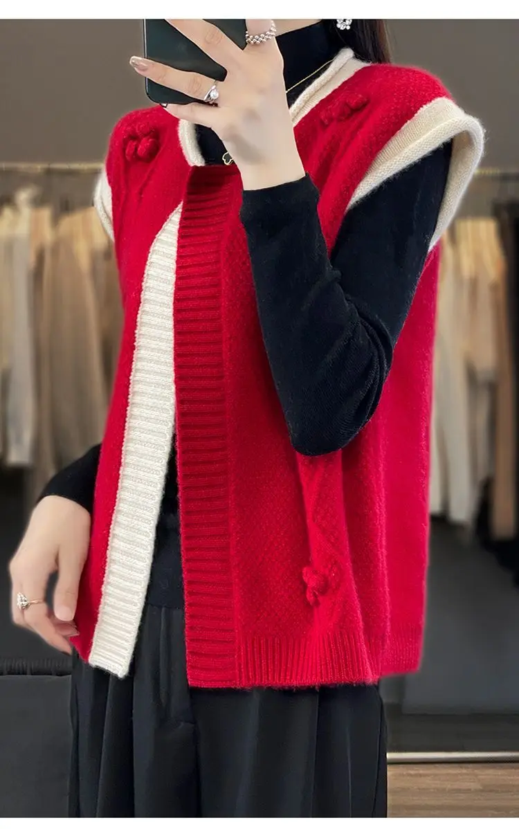 Autumn Winter New Cardigan High-end Vest Women\'s Western-style Round Neck Blocked Sleeveless Knitted Sweater Paired Camisole