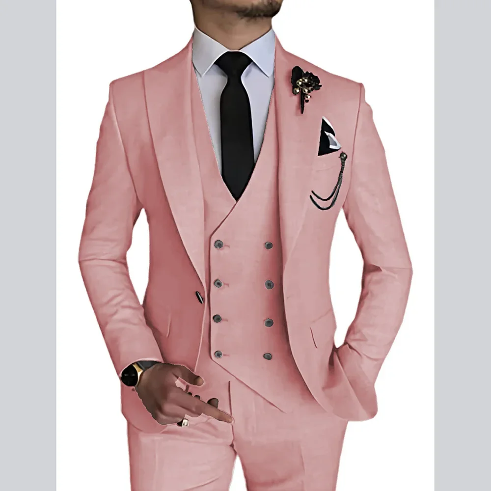 

Pink Lapel Double Breasted Slim Fit Customs Fashion Suit 3 Pieces (Jacket+Pants+Vest) Groom Tuxedos Party Dinner For Wedding