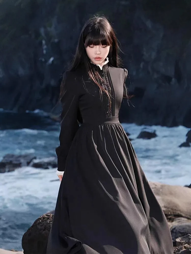 

Японское темное готическое платье Лолиты на Хэллоуин, осеннее женское винтажное тонкое платье с длинными рукавами, женское элегантное праздничное платье Y2k