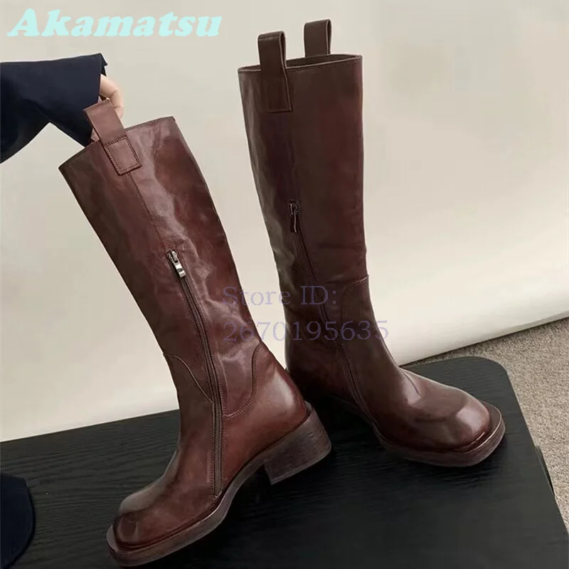 Vintage Brown Washed Leather Boots Square Toe Side Zipper Knee High Boots 2026 Fashion New Women Block Low Heel Riding Shoes