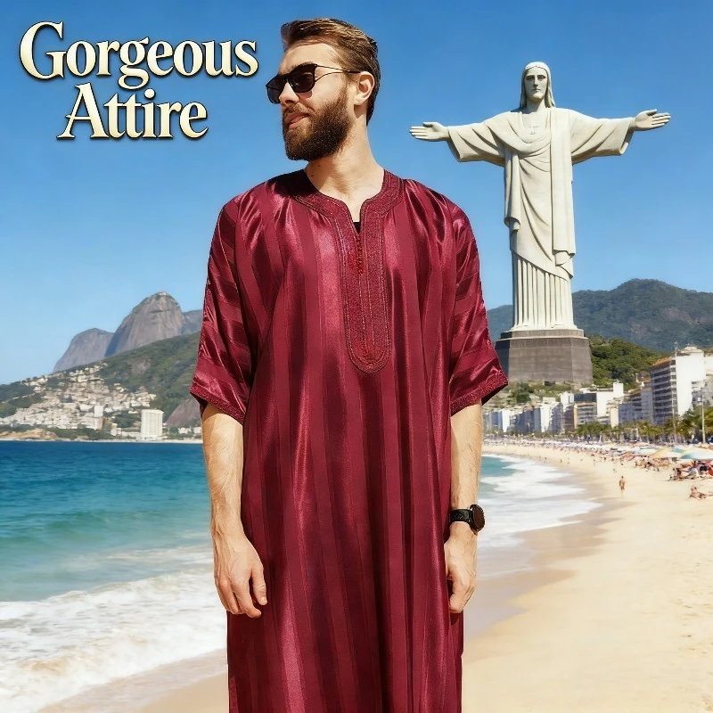 

Striped Embroidered Saudi Robe Middle Eastern Traditional Festival Dress Dubai
