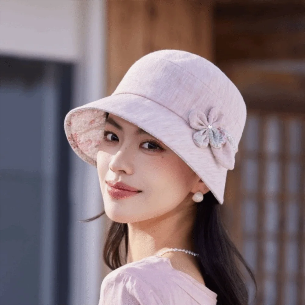 New Wide Brim Bucket Hat Breathable Fabric Flower Design Sun Hat Foldable Wide Brim Hat Outdoor Activities