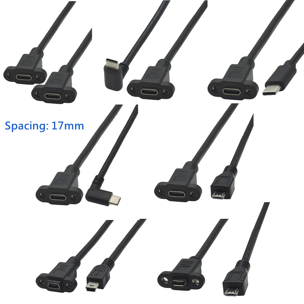 Kabel przedłużający Micro USB Type-C USB 2.0 męski na Mini USB Type-C żeński 5-pinowy, raster 17 mm, z otworami do montażu panelowego na śruby. — zdjęcie produktu 7
