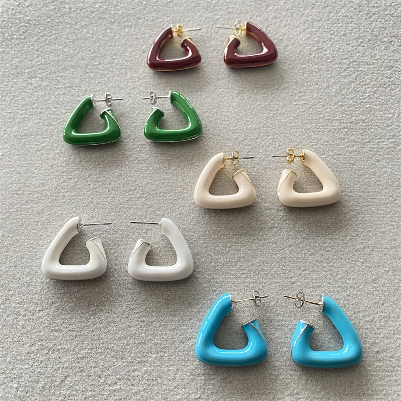 New Fashion European and American Enamel Colored Triangle Hoop Earrings, Female Niche Unique Statement Jewelry for Women