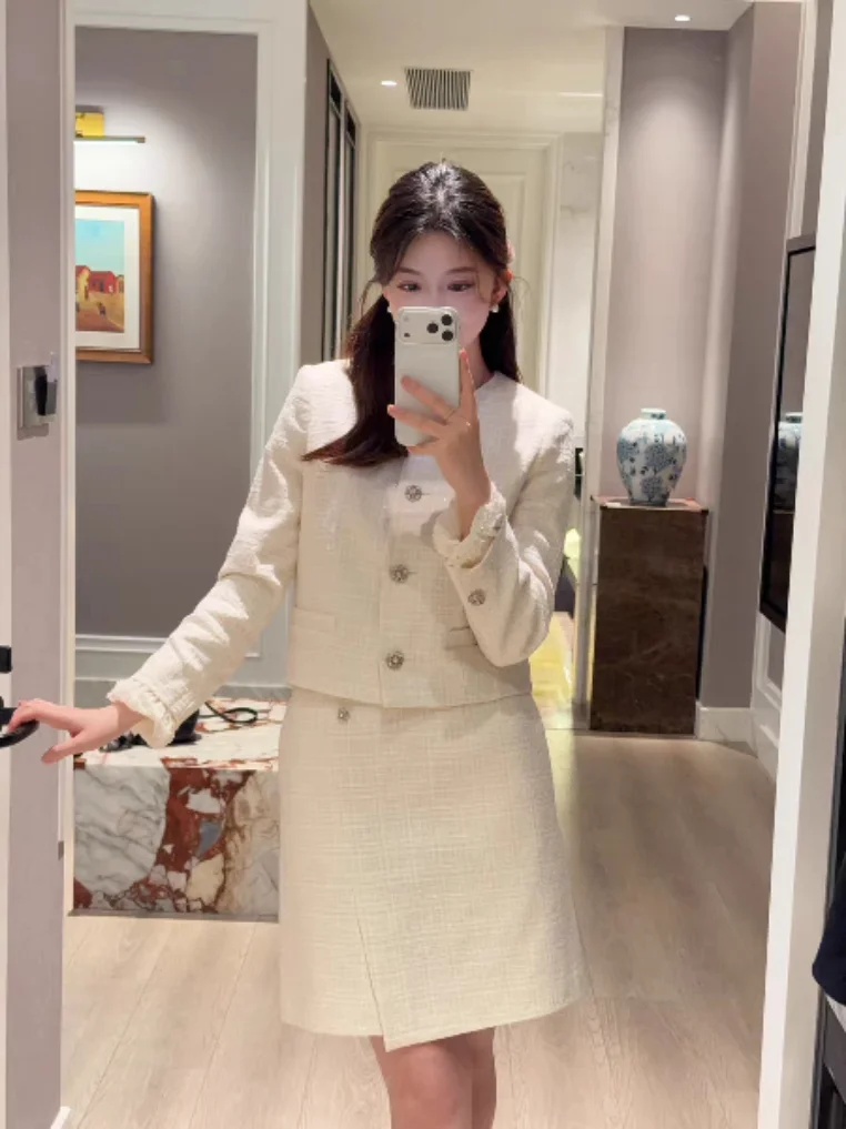 

Elegant Korean Style Lace Splice Jacket Skirt Two-Piece Set Spring New Arrival Women's Fashion Outerwear High Waist