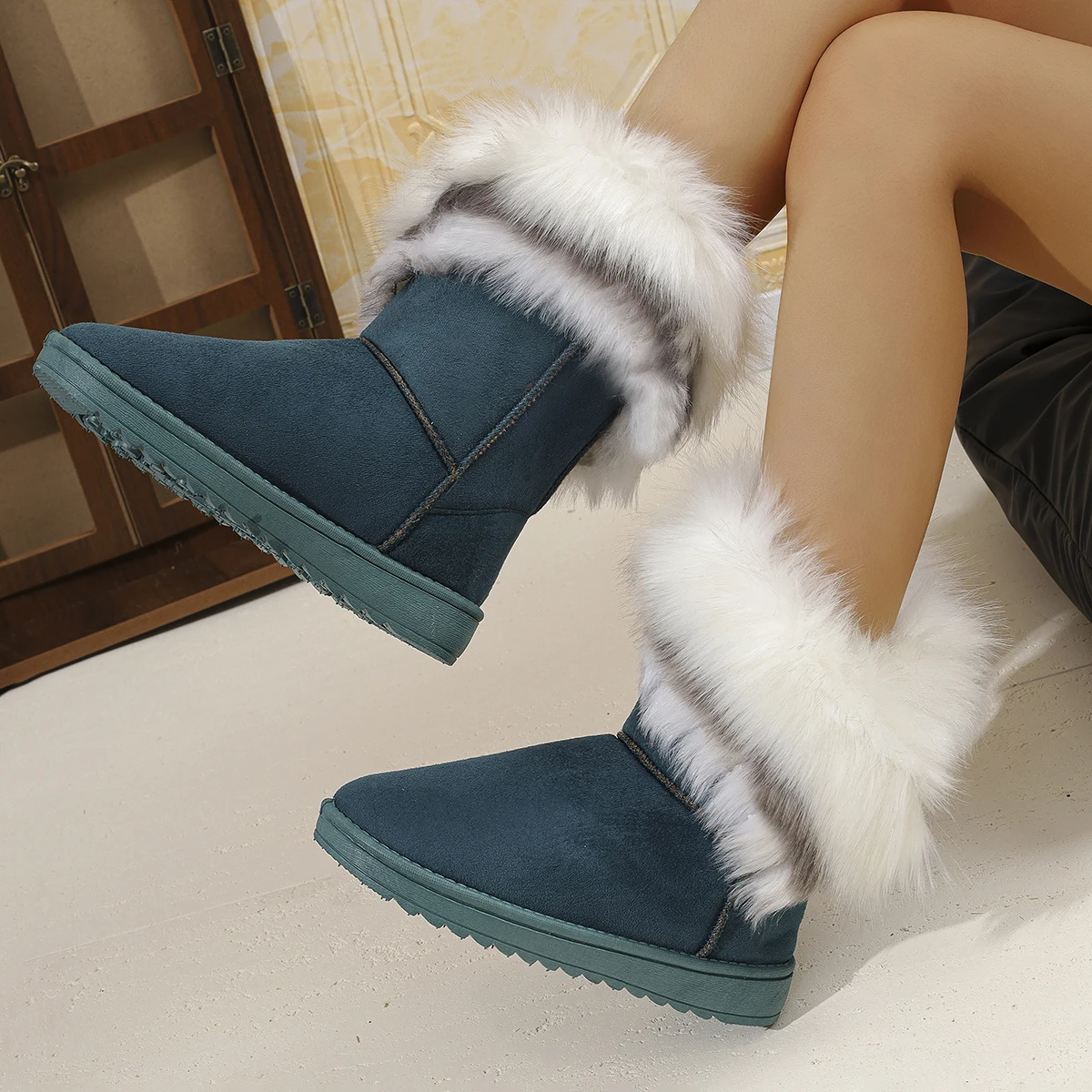 Damen-Winterstiefel bis zum Knie, mit Fell gefüttert, Baumwollschuhe, Freizeit-Flachschuhe, runde Zehen, Gummisohle, einfarbig – Detail 17