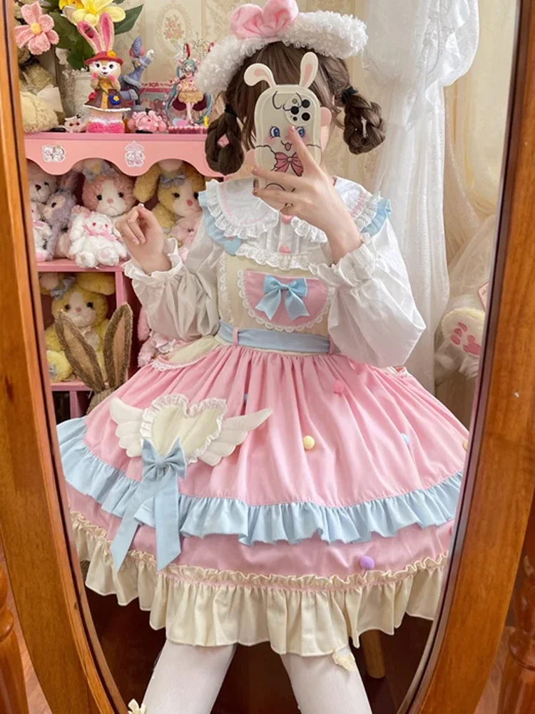 Kawaii princesa doce lolita a linha babados vestido cor contrastante arco manga cheia renda feminino querida vestidos jsk