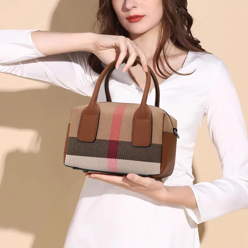 

Aidrani Plaid - Canvas Boston Bag: Leather Trim, Timeless Pattern Appeal
