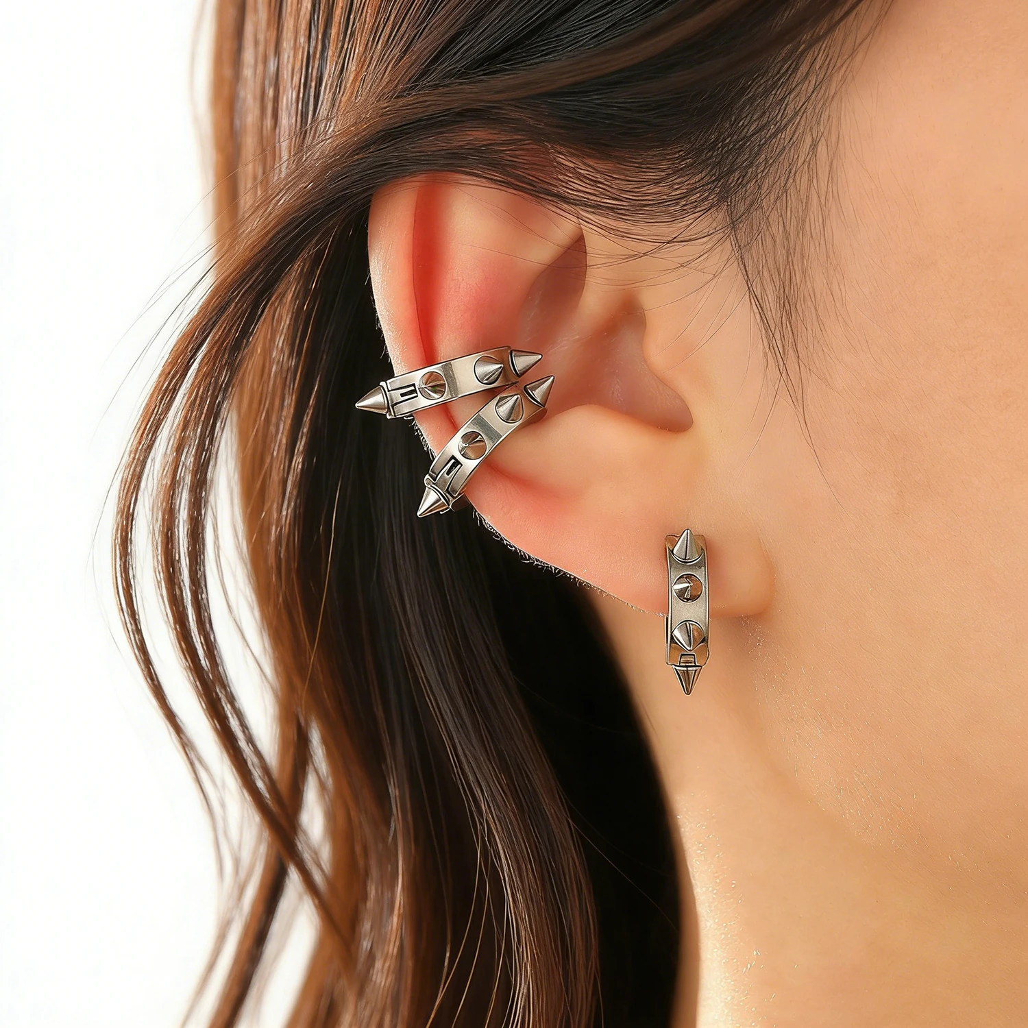 3Pcs Stainless Steel Gothic Punk Clip Earrings Unisex Spike Rivet Cross Non-Pierced Earrings Hip Hop Style Party Jewelry Gifts view 3