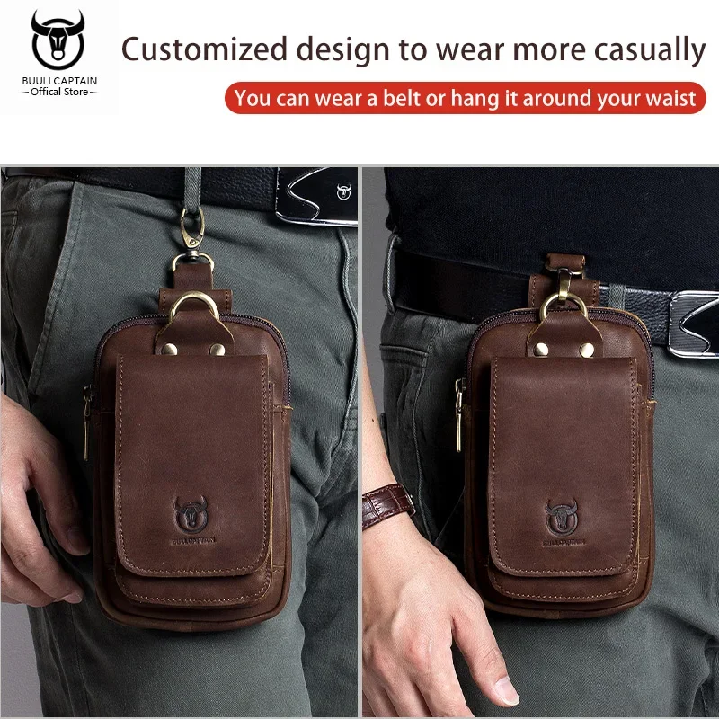 BULLCAPTAIN-riñonera de cuero genuino para hombre, bolso de cintura informal Retro de 6,7 pulgadas para teléfono móvil, multifuncional de doble capa