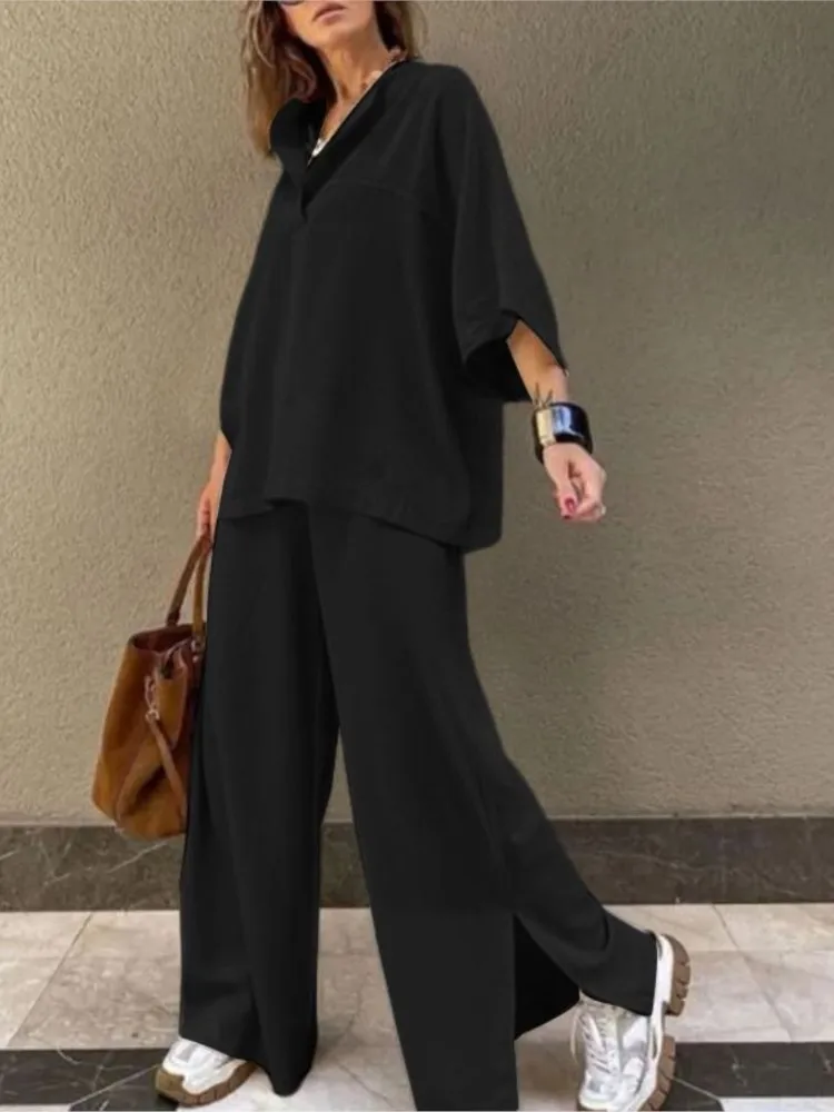 Spring Summer Women Solid Top Causal Pants Suit Fashion V Neck Office Black Wide Leg Pants Loose Female Sets New Holiday Set