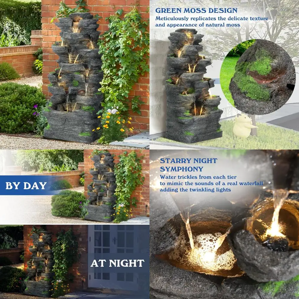 

10-Tier Rock Water Fountain for Outdoor and Indoor Garden, Patio, Backyard with Cascading Waterfall and LED Lights