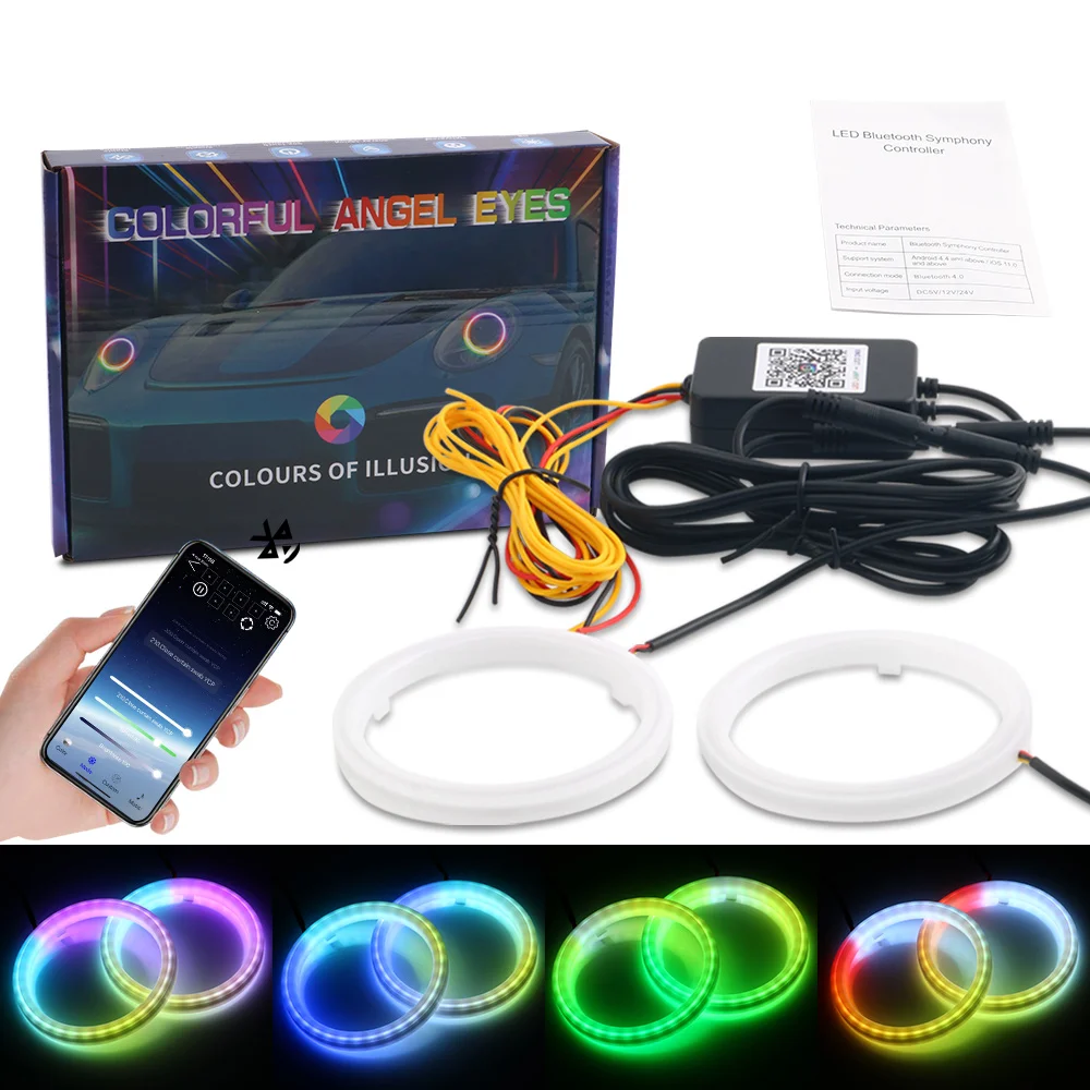 2PCS RGB Angel Eyes Halo Rings Lights with Turn Signal Lights APP Bluetooth LED Motorcycle Retrofit DRL Car Headlight 12V 24V