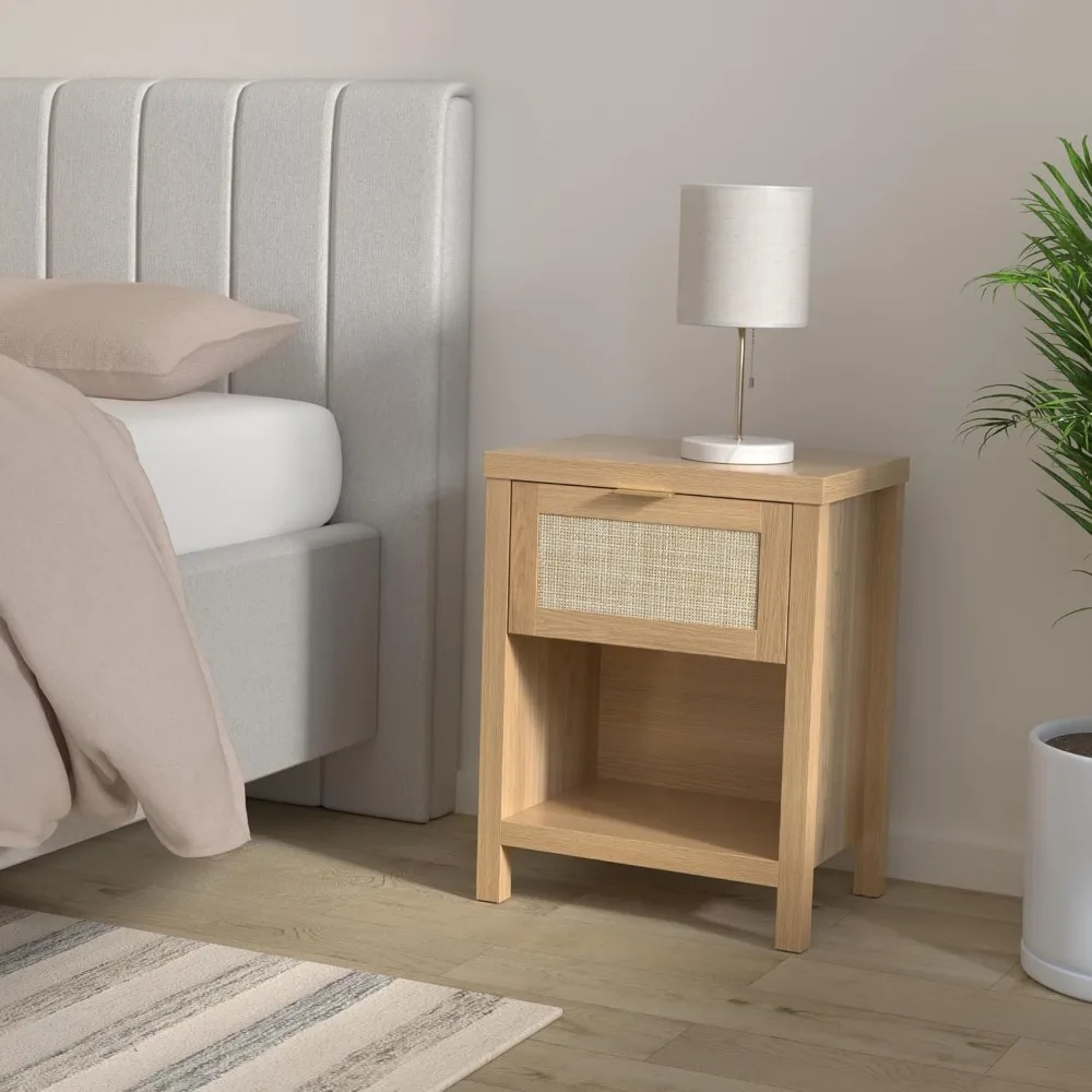 Rattan Nightstand Set of 2 - Night Stand with Drawer and Storage Shelf -  End Tables Side Table Accent Table for Bedroom image 2
