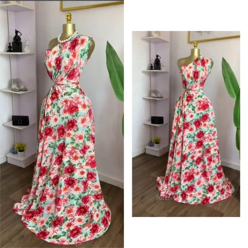 Elegante dames bloemenprint één schouder schuine hals uitsparing taille geplooide maxi lange jurk 2025, zomer verjaardag vakantie jurken