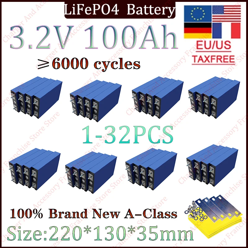 

Новая аккумуляторная батарея Lifepo4 3,2 В 100 Ач высокой емкости для DIY 12 В 24 В 36 В 48 В солнечный инвертор портативный инструмент аккумулятор беспошлинная торговля