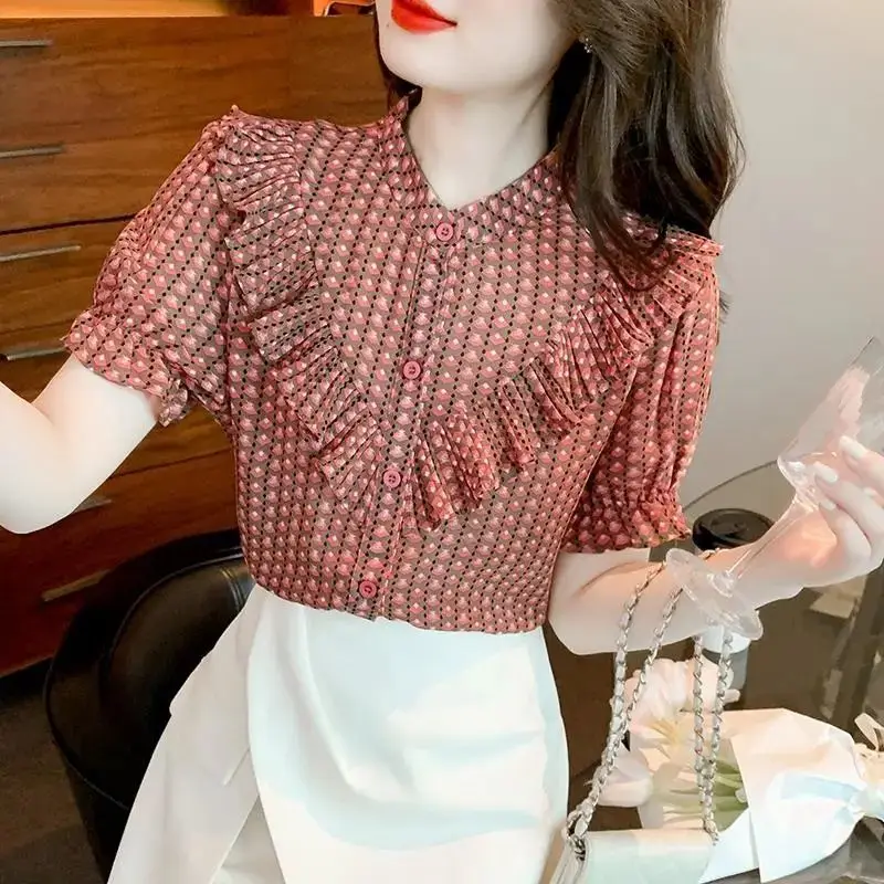 Fashion Puff Sleeve Printed Button Loose Ruffles Chiffon Shirt Summer New Casual Tops Oversized Commute Women\'s Clothing Blouse