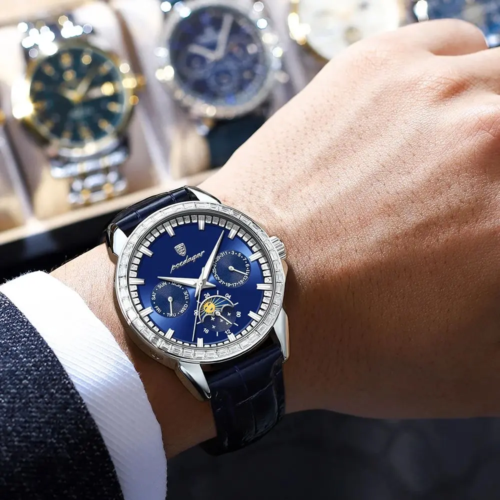 POEDAGAR Top Orologi di lusso per uomo Data settimana Orologio da uomo in pelle luminosa impermeabile Orologio da polso da uomo al quarzo moda casual Reloj