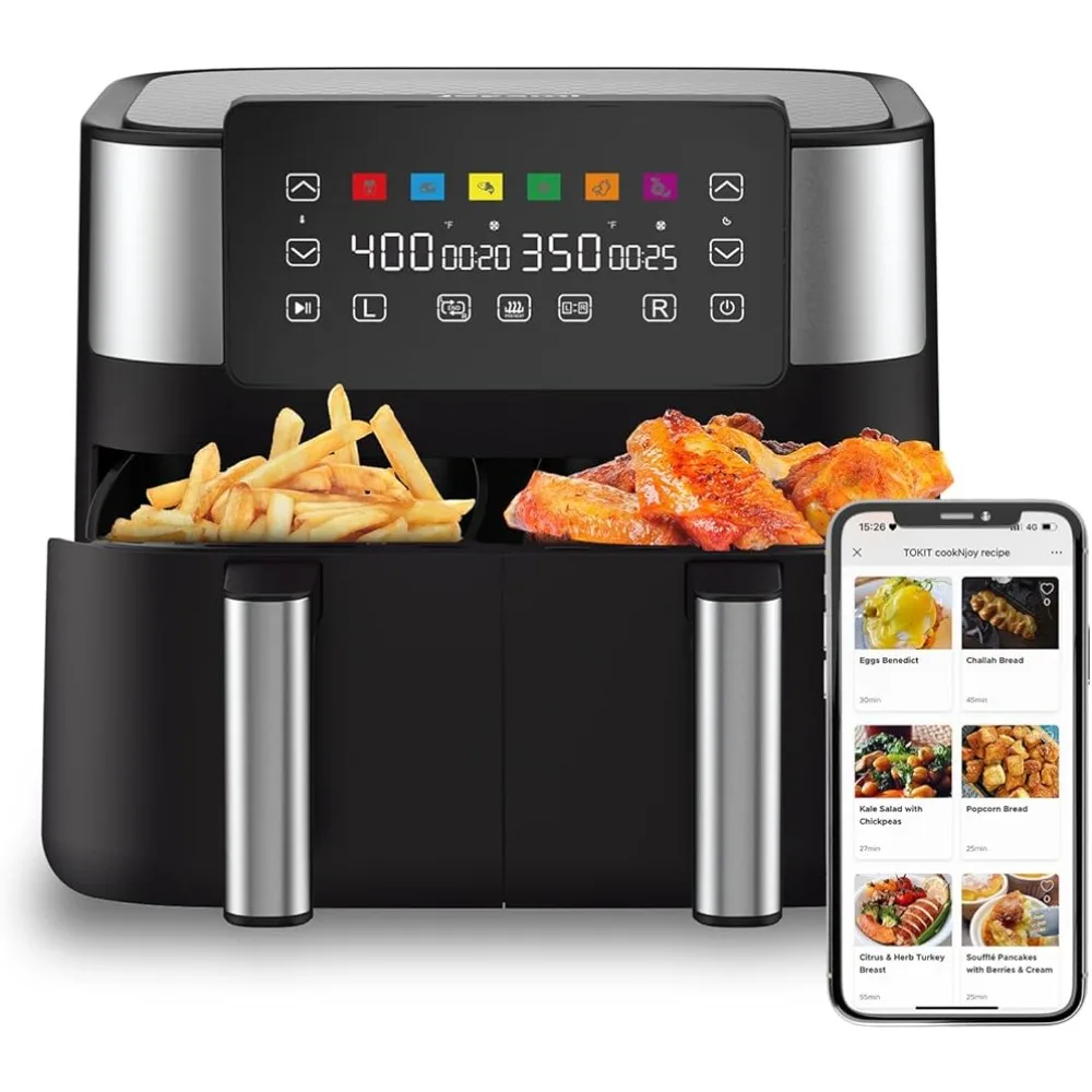 

8 QT Dual Basket AirFryer with Sync-Finish, Nonstick and Dishwasher Safe, 6-in-1 Airfryer for Air Fry,1800W, Black