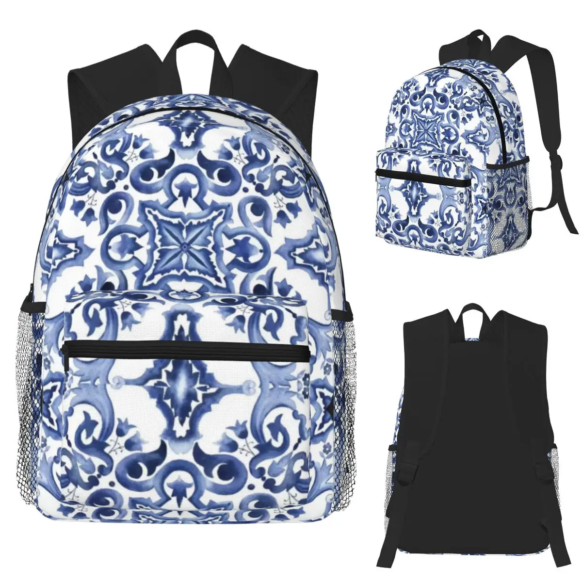 الأزرق المزخرف الأزهار البحر الأبيض المتوسط صقلية بلاط الطالب على ظهره حقيبة مدرسية المشي لمسافات طويلة السفر Daypack صبي الفتيات الكتب حقائب الكتف