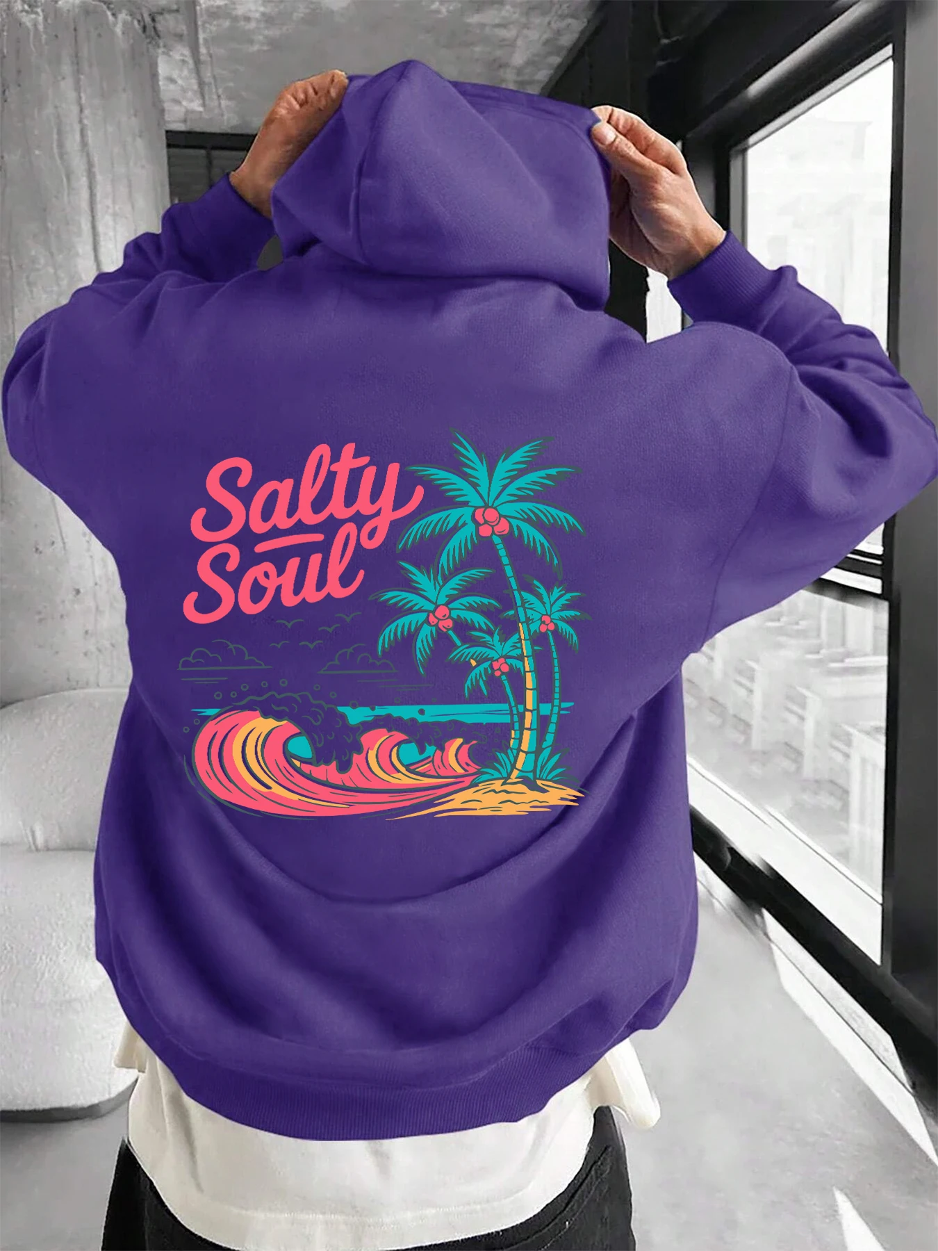Salty Soul Coconut Tree Beach Design Hoodies Men Pocket Autumn Hoody Casual Fleece Streetwear Warm Unisex Hip Hop Clothing