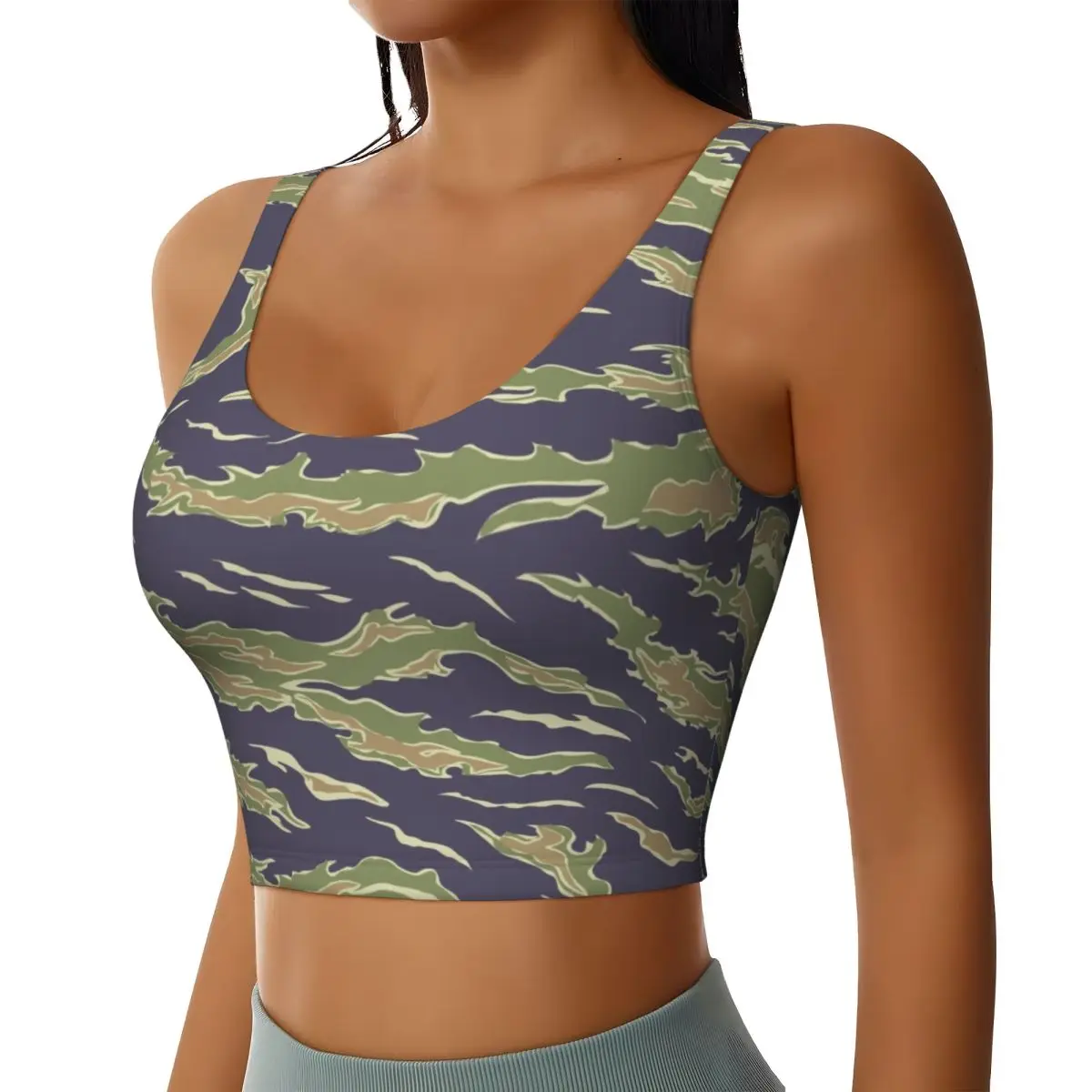 Tiger Stripe Military Army Camouflage High Impact Sports Bras Women's Tactical Camo Seamless Workout Running Crop Tank Tops