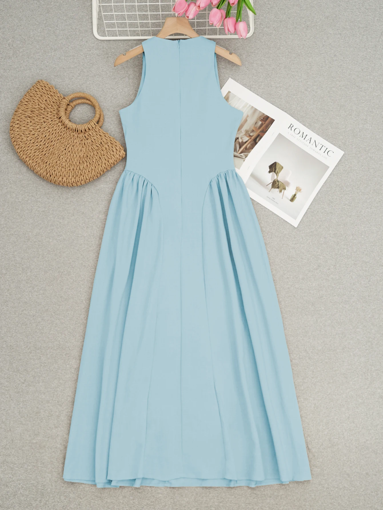 Summer Trend Light Blue Halter Midi Dress for Women – Keyhole Cutout Linen-Blend Casual Brunch Party Dress