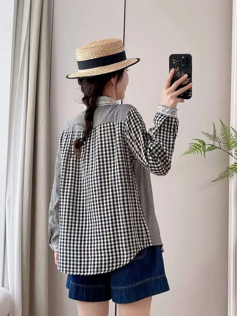 New Spring Cotton Yarn Casual Shirts Women Lapel Loose Embroidery Blouse Girl Long Sleeve Sweet Plaid Top 2024 Autumn T45595QM