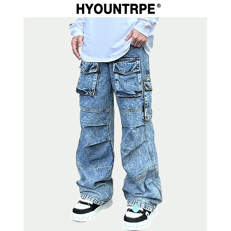 

Fashion Loose Streetwear Cargo Denim Jeans Unisex Casual Multi-pocket Wide Legs Jean Pants Hip Hop Joggers Mens Baggy Jeans