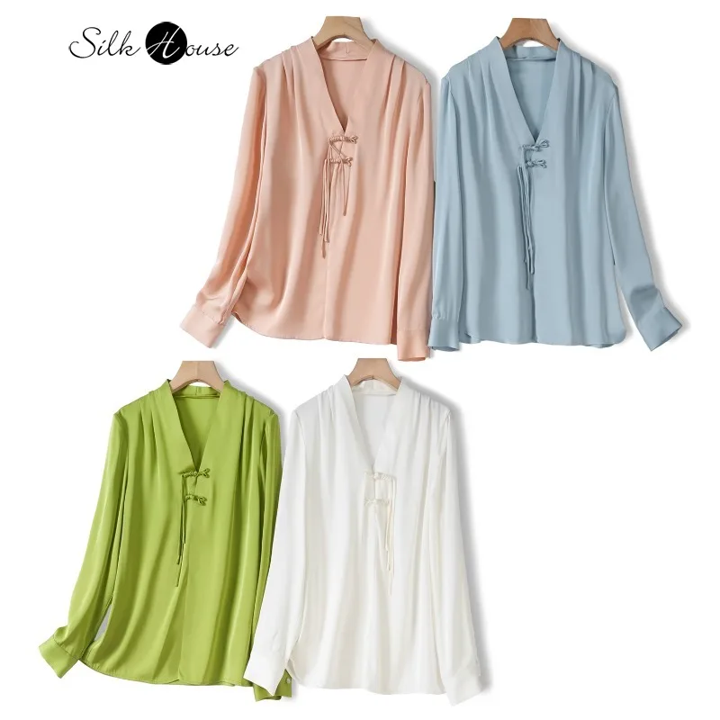 2024 Autumn New 93% Natural Mulberry Silk Elastic Double Qiao Satin V-neck Chinese Style Pan Button Women's Long Sleeve Top