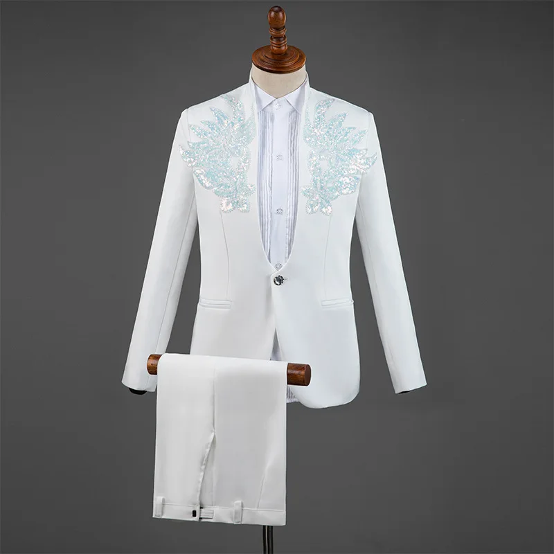 

2023 Adult Performance Costume Male Host Costume Set Standing Collar Singer Stage Chorus Men's Sequin Dress Suit