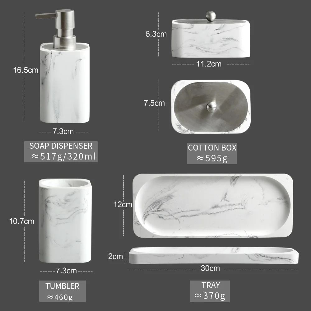 Bathroom Accessory Marble Look Includes Lotion Dispenser Soap Pump Tumbler Saop dish Cotton swab box and Tray