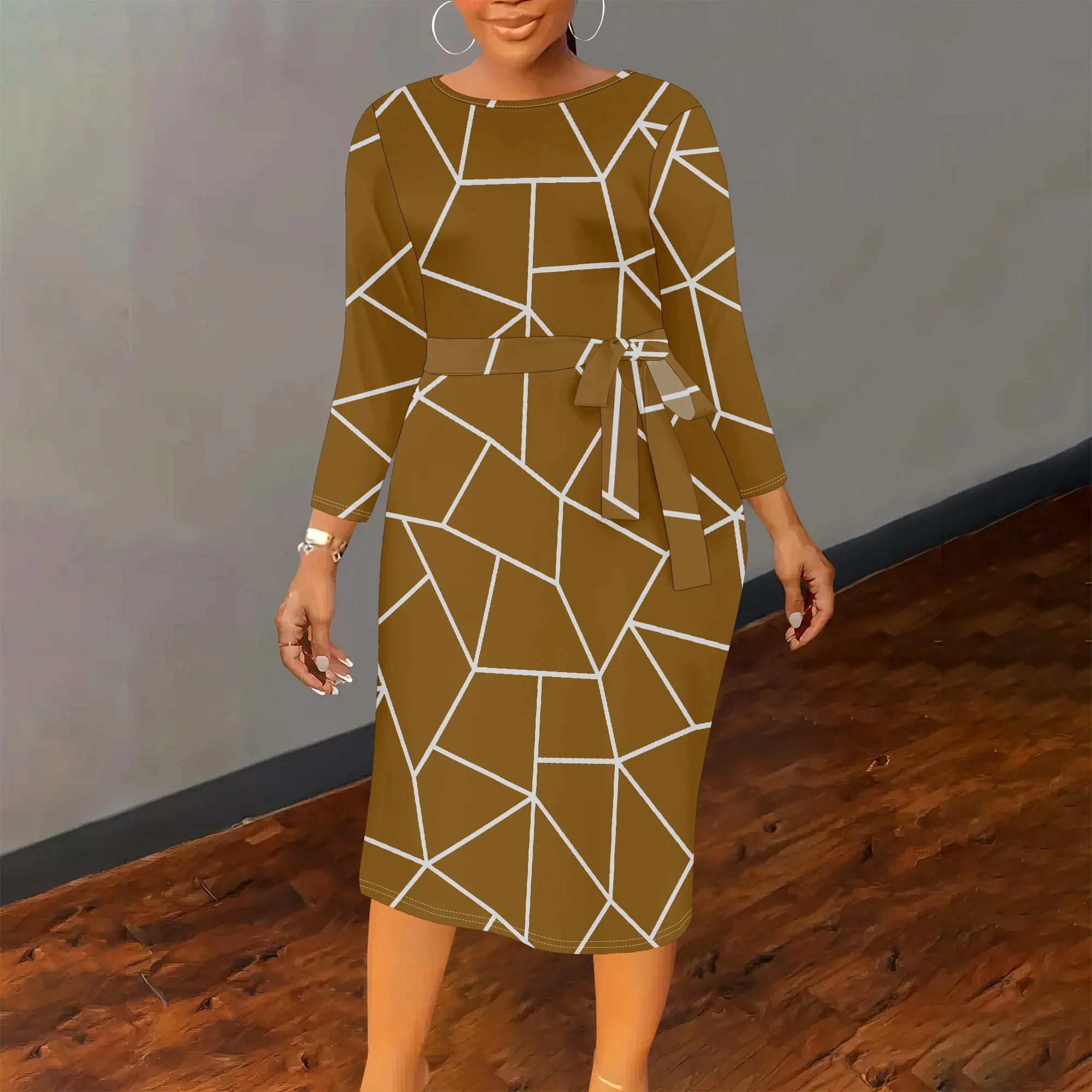 

Женское летнее платье больших размеров с цветочным принтом, осеннее модное платье с длинными рукавами и круглым вырезом в сетку с принтом и поясом