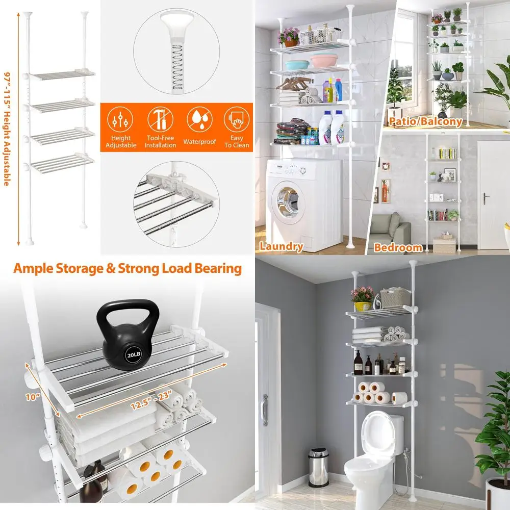

Over-the-Toilet 4-Tier Storage Shelf, Adjustable Bathroom Organizer, Heavy-Duty Metal, Space-Saving for Small Rooms, No Drill, W