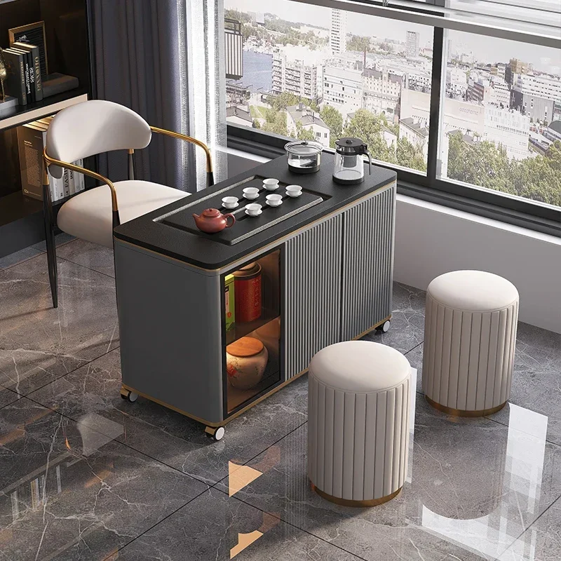 Light Luxury Stone Plate Tea Table Kettle Integrated Mobile Tea Cart Household with Wheels