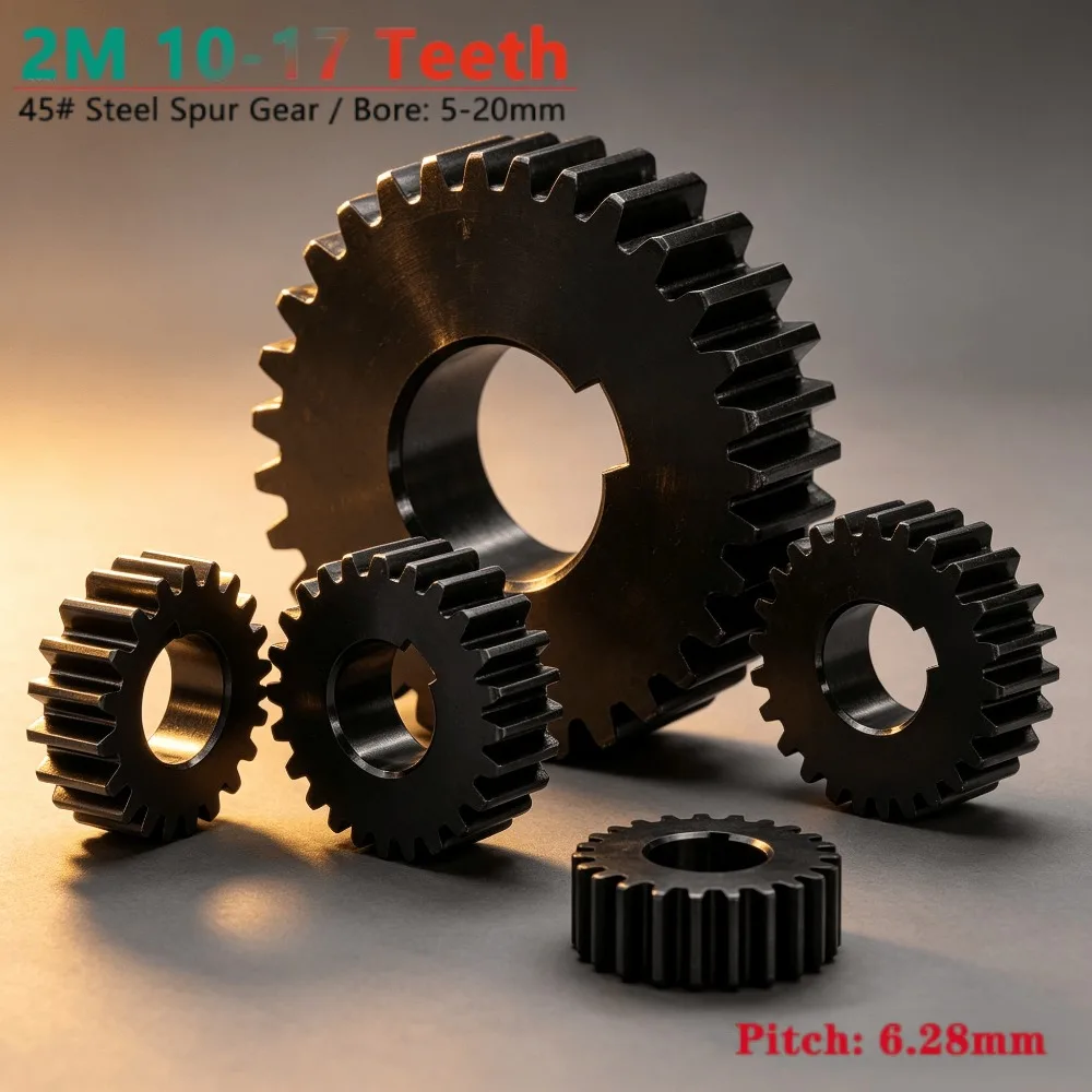 2M 45# Steel Flat Spur Gear, 10-17 Teeth, 6.28mm Pitch, Optional 5-20mm Bore, Replacement Gear for Electric Motor Machinery