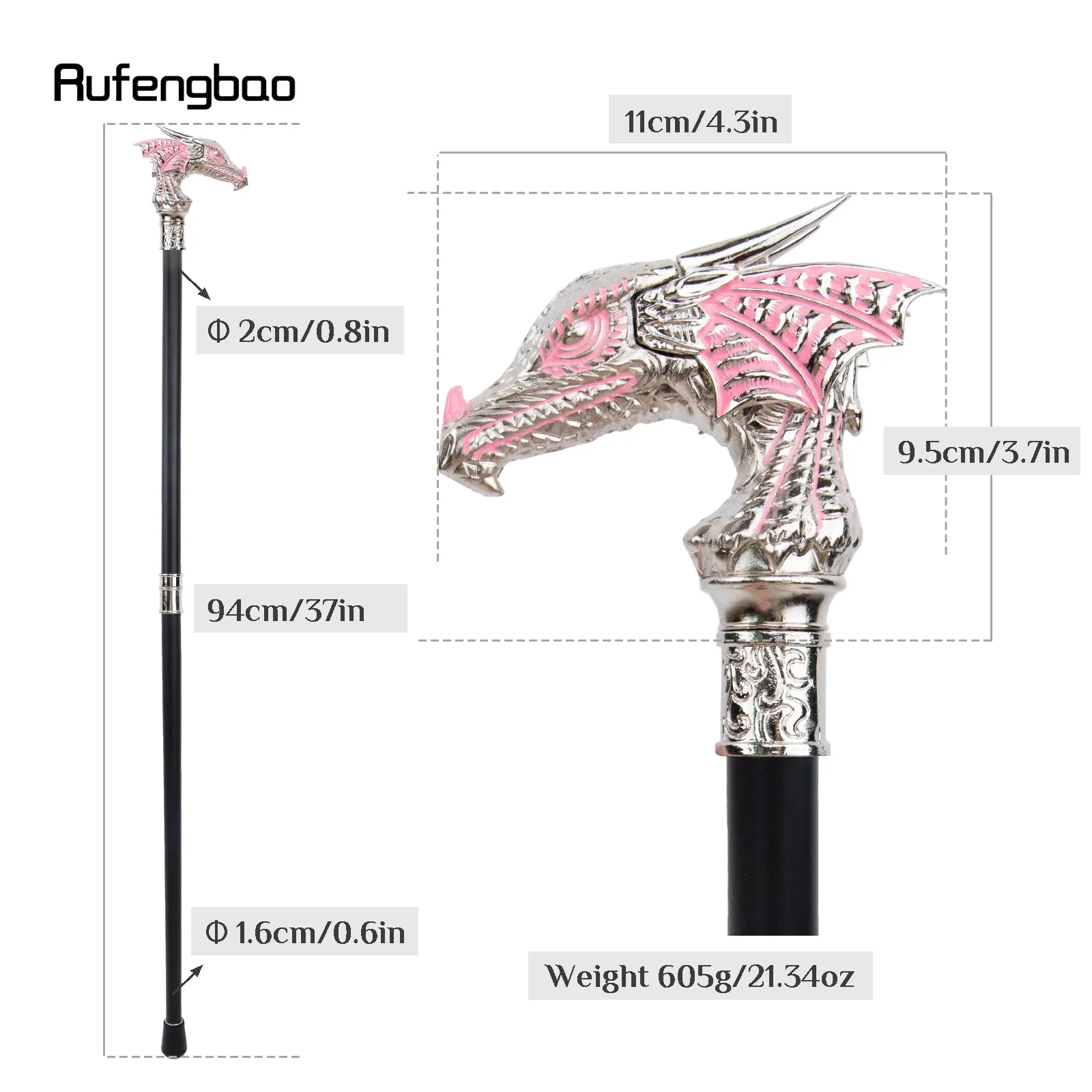 Pink White Luxury Dragon Head Cane Fashion Decorative Stick Gentleman Cosplay Cane Knob Crosier  Performance Stage Cane 94cm view 2