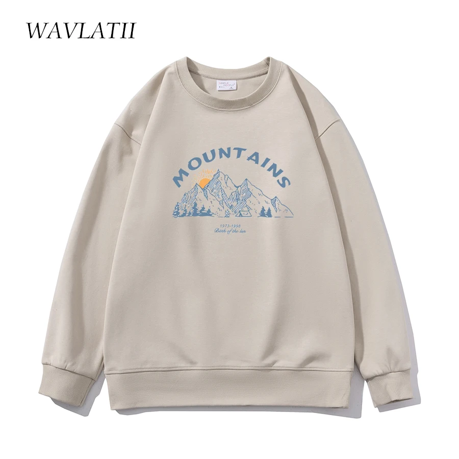 WAVLATII 2022 New Women Black Sporty Sweatshirts Female Dark Grey Casual Mountains Printed Hoodies White Oversized Tops WH2223