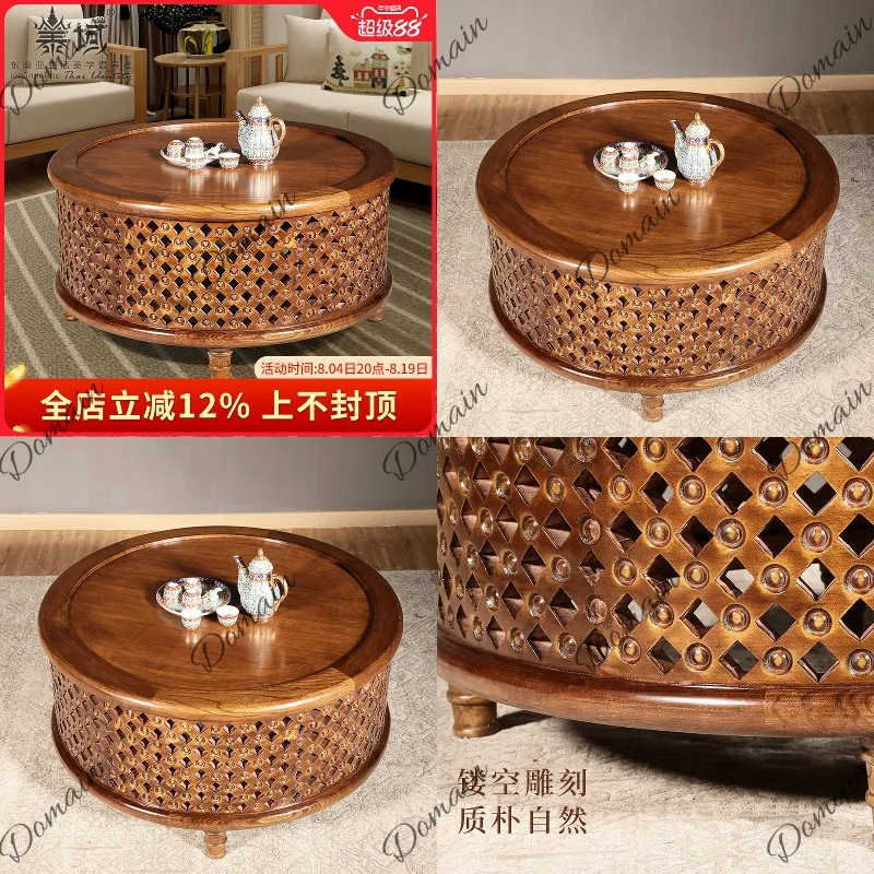 Teal Solid Wood Round Coffee Table Thai Style New Chinese Living Room Simple Tea Table Home Furniture