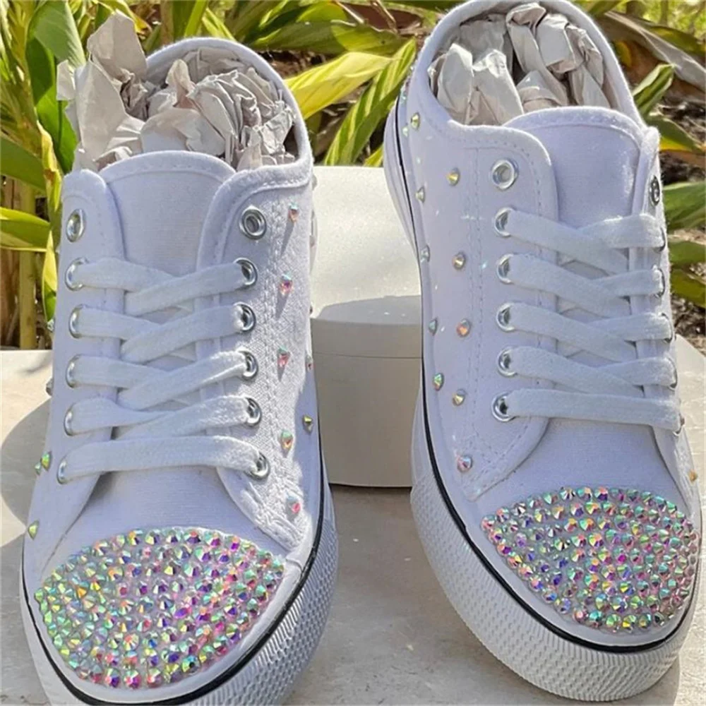 

White low-top color rhinestones accessories customized style canvas shoes integrated sports casual shoes women's shoes 35-46