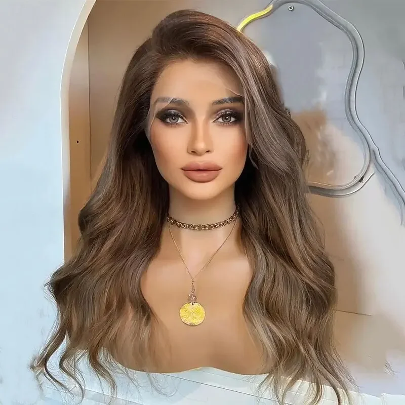 

Glueless 180 Density Brown Wave 26 Inch Jewish Human Hair Wig 5x5 Silk Base with Baby Hair HD Lace European Style Preplucked