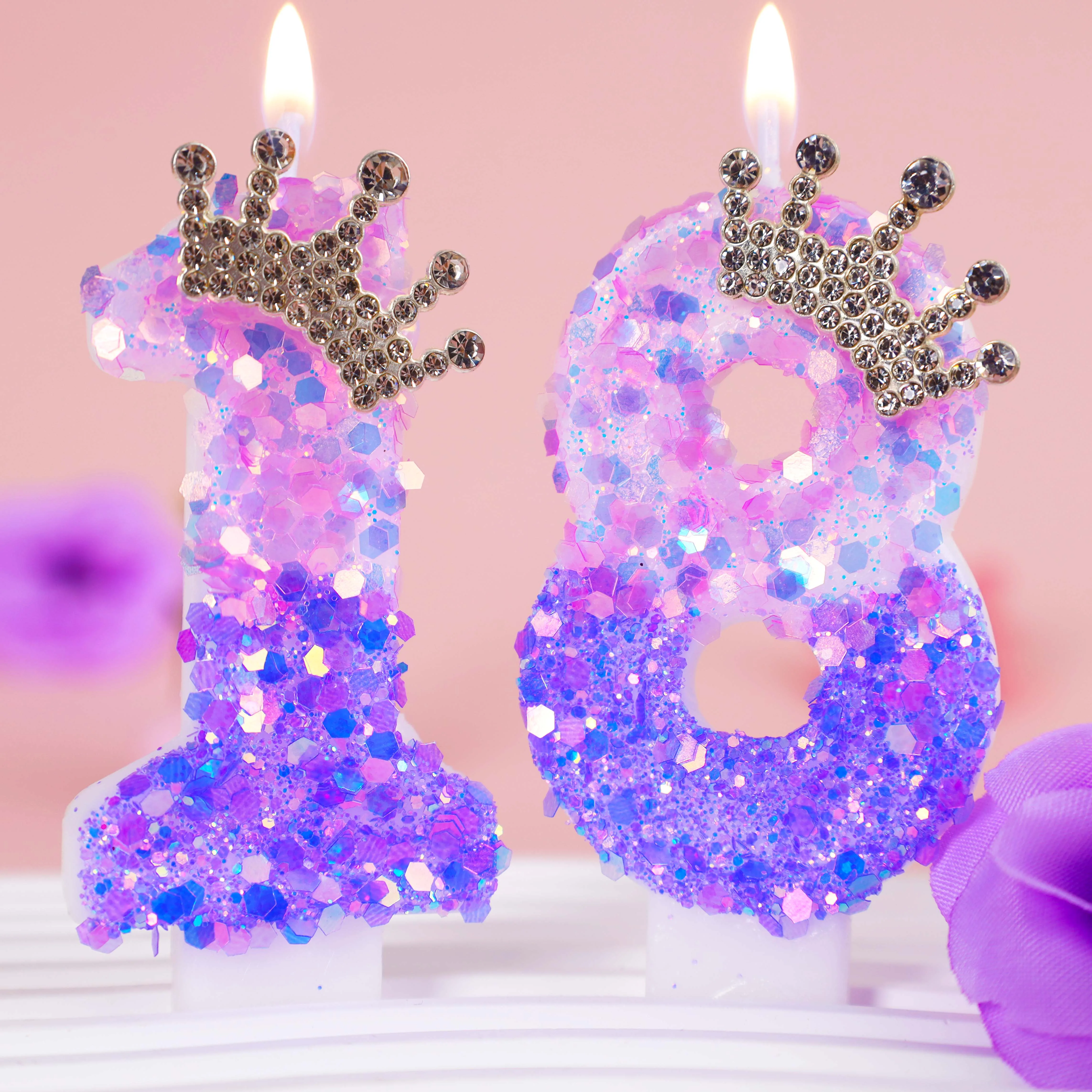 0-9 Lila & Rosa Ombre Glitzer-Kronen-Zahlen-Geburtstagskerze, Prinzessinnen-Stil Funkelnder Kuchenaufsatz für Mädchen 1./2./3. Geburtstag – Detail 1