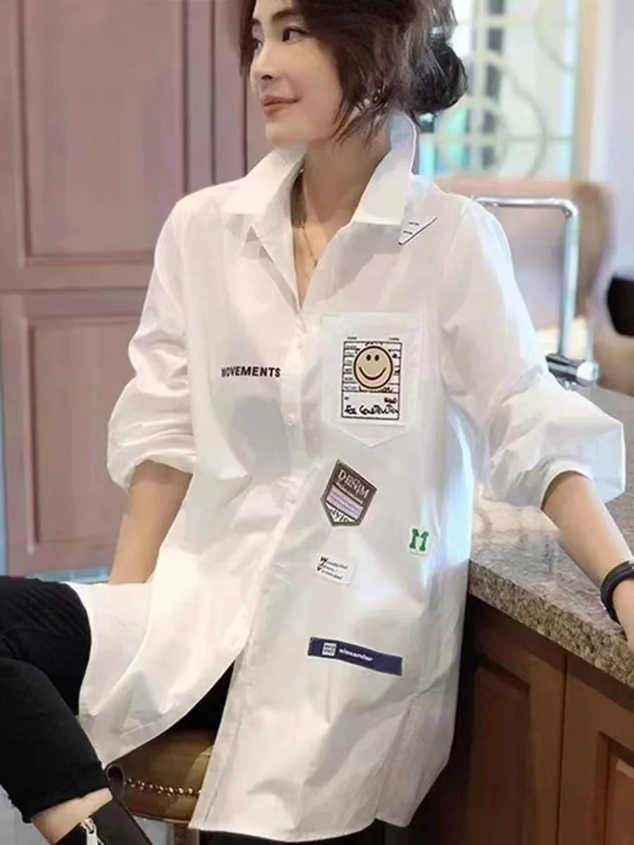 

White Cotton Long Sve irt Women's Korean Sle Spring Autumn Loose Fit Medium Length Collar Button up Faionable