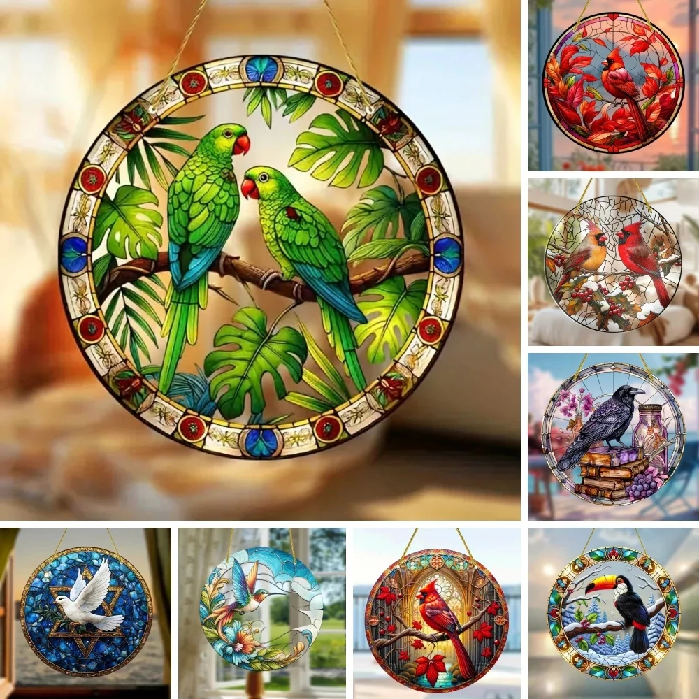 Bunte gefärbte Fensterdekoration aus Kunststoff, lebendiger Kardinal-Vogel-Sonnenfänger, kreisförmiges Acrylschild, Girlandenornament
