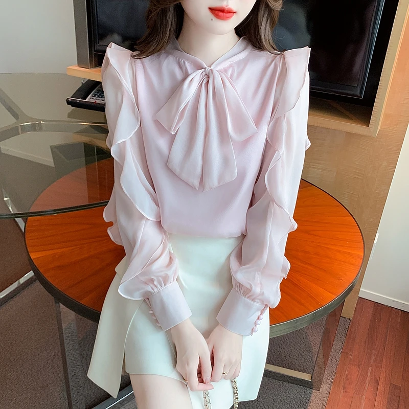 Fashion Ruffles Bow Collar Pink Chiffon Blouse Shirt Women Tops Blouses Blusas Mujer De Moda 2024 Long Sleeve Blouse Women H05