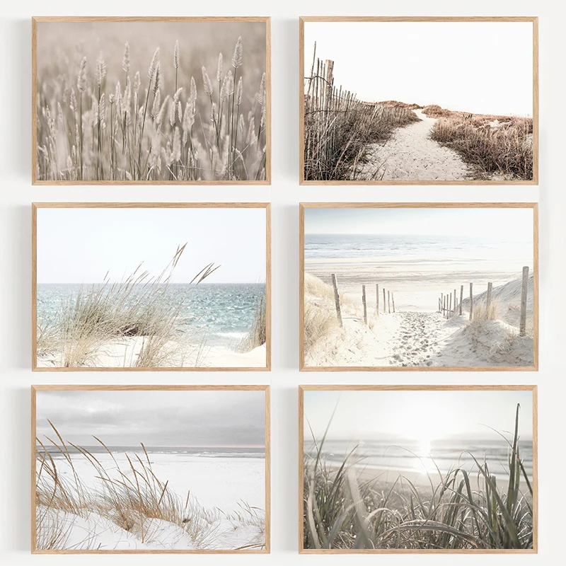 Minimalist Neutral Beach Coastal Pampas Grass Seascape Photography Poster Canvas Painting Wall Art Pictures Home Decor