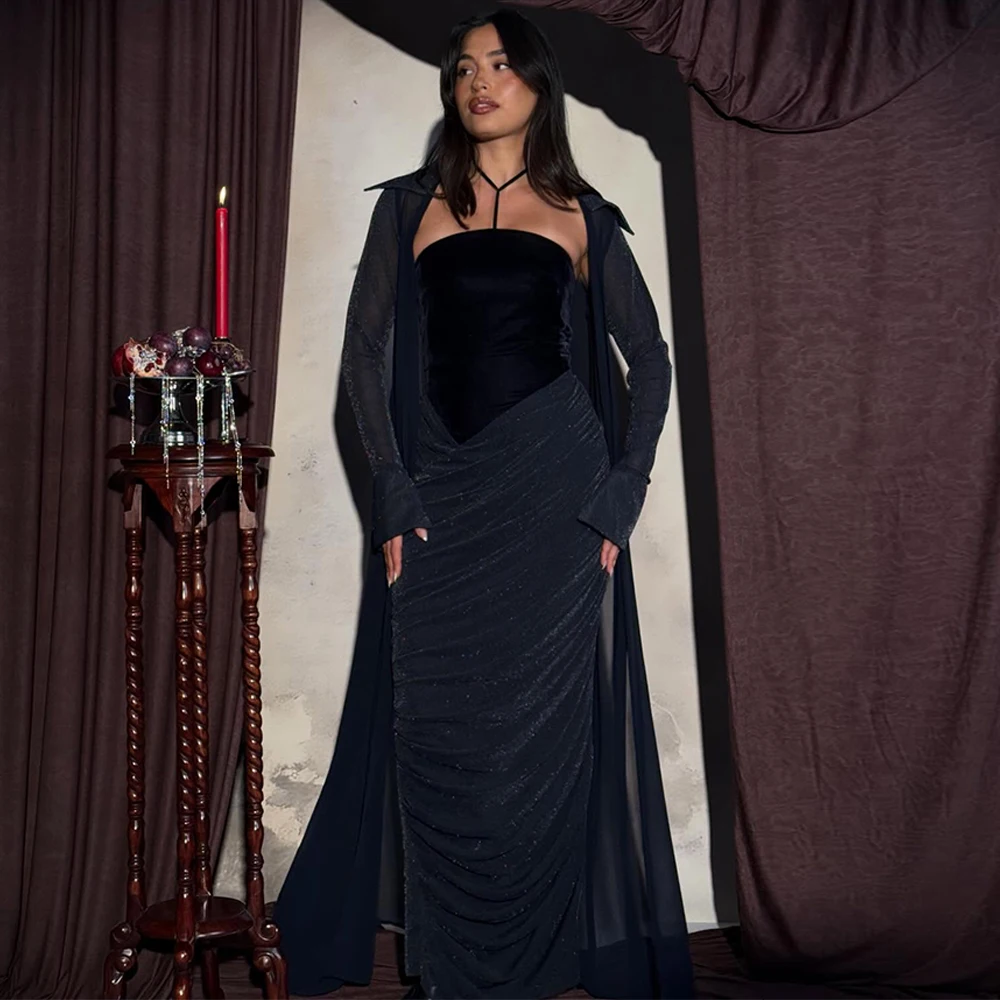 

Classic Black Jersey Evening Dress Exquisite Strapless Shawl Celebrity Gowns Sexy Mermaid Customized Special Occasion Gowns
